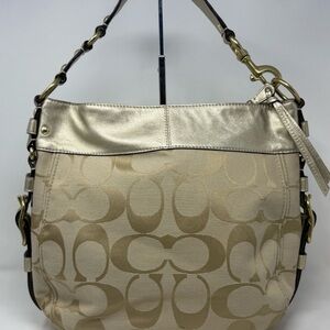 Coach Zoe  Khaki Tan Signature Medium Shoulder Bag Gold Leather Vintage